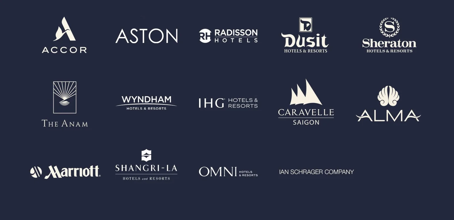 Hotel brands our team has worked with, including Accor, Radisson, Dusit, Sheraton, Wyndham, IHG, Marriott and Shangri-La